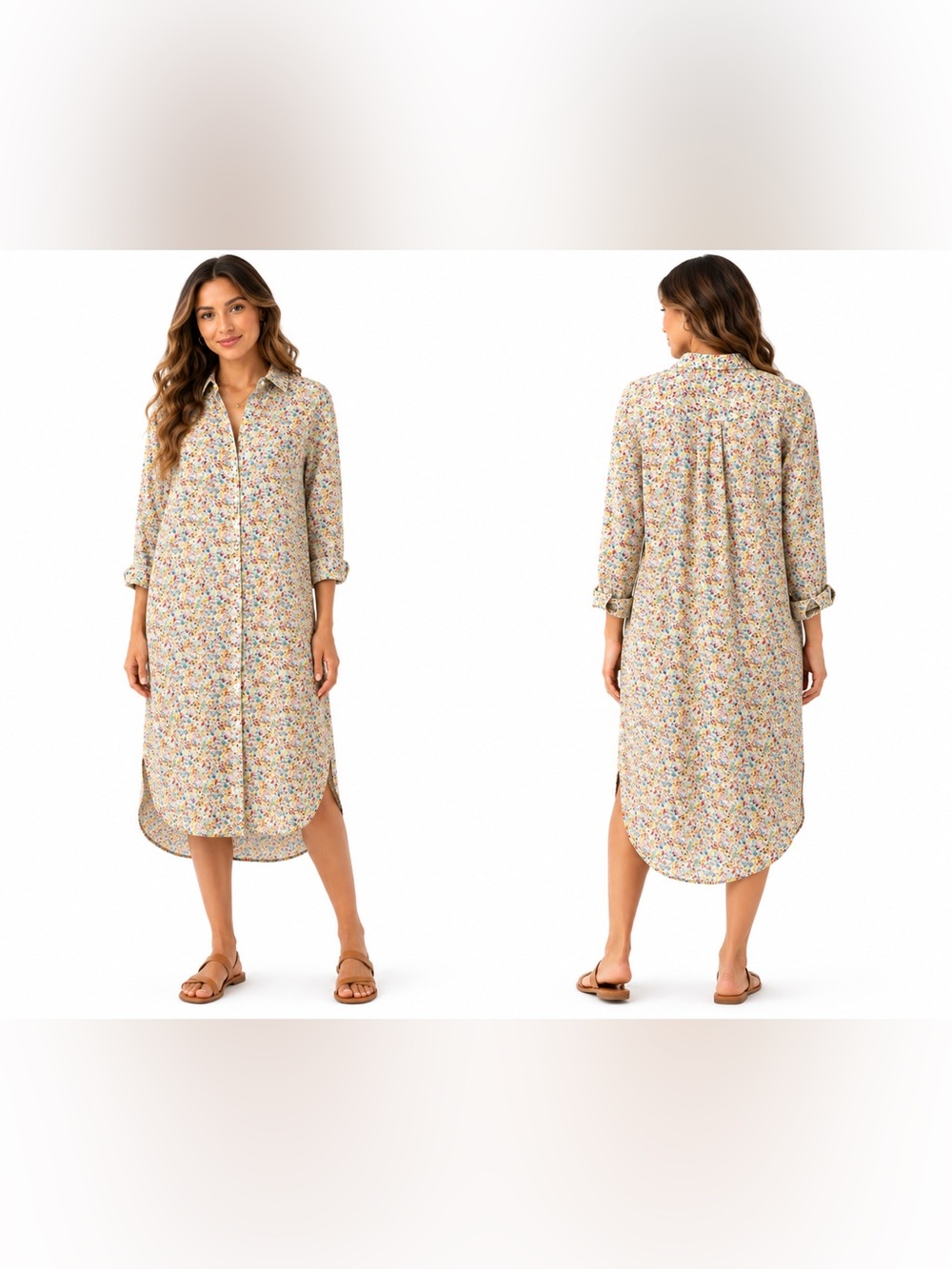 Frank & Eileen Floral Print Shirt Dress Button Front Long Sleeve Midi Dress. L